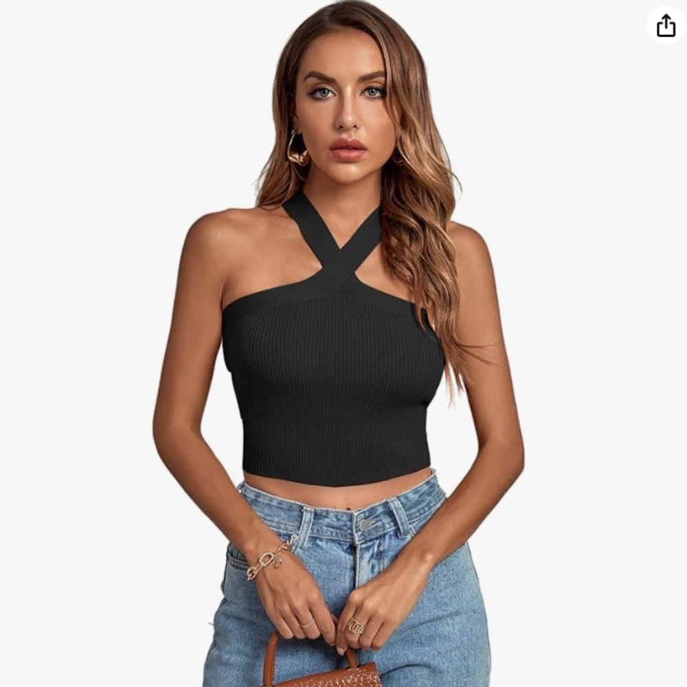 Criss Cross Black Halter Crop Top S